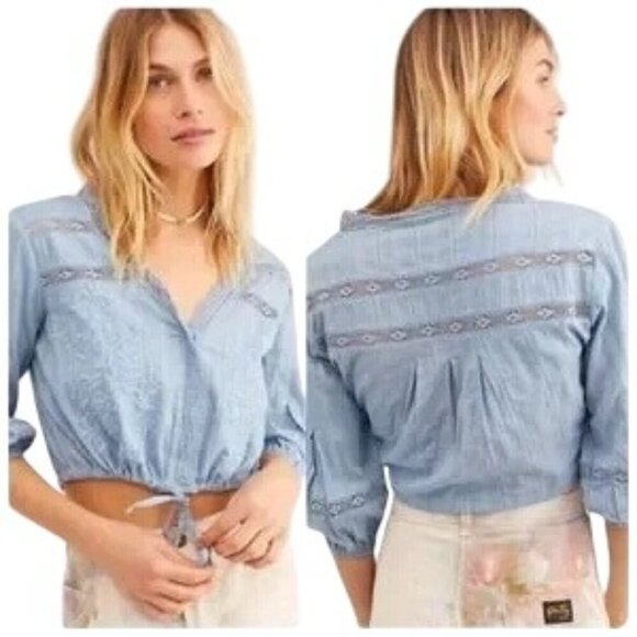 Free People Tops - Free People Follow Your Heart Blue Embroidered Floral Crop Top